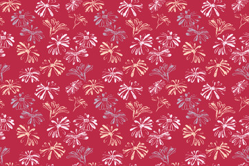 Fototapeta na wymiar Seamless abstract brush strokes floral pattern. Bright flowers on a burgundy background textures. Vector hand drawn sketch. Design for fabric, fashion, textile