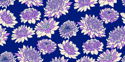 Creative shape floral seamless pattern.  Vector hand drawn sketch. Abstract silhouettes flowers peonies, dahlia on a bright blue background.