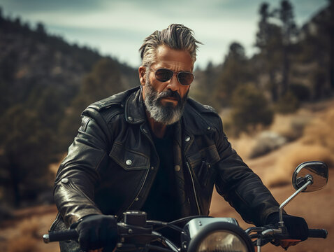 mature middle age male hipster astride motorcycle. Portrait of senior grey haired bearded man rider with chopper motorbike in the countryside, having fun. Middle aged man on motor bike. Generative ai