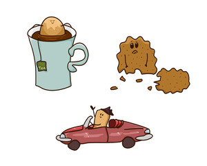 set of illustrations of cookies in assortment and drink, coffee cup. cartoon style.