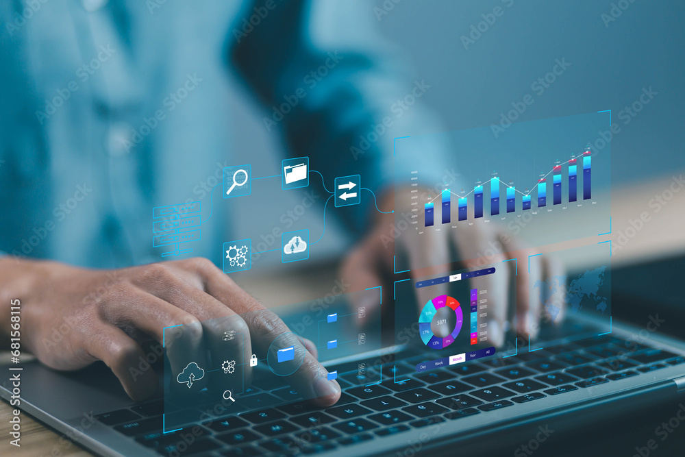 Poster analyst manages the system database and shows a dashboard chart on the computer. concept analysis data plan, analytics business, and report. research on platform digital technology