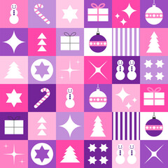Christmas tiles cute style graphic pattern. Cute modern Christmas mosaic design.
