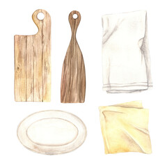 Set of illustrations of watercolor kitchen towels and cutting boards and utensils. Hand drawn...