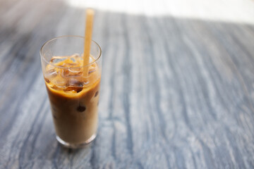 iced coffee milk latte with ice on cool fresh sweet beverage in summer season