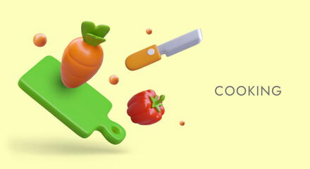 Cooking concept. Vector composition of floating realistic elements. Green cutting board, paprika, carrot, knife. Advertisement of cooking classes, blog, application