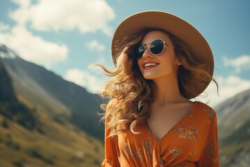 Young beautiful woman wearing a straw hat, sunglasses and an orange dress in a green mountain valley. Outdoor portrait.