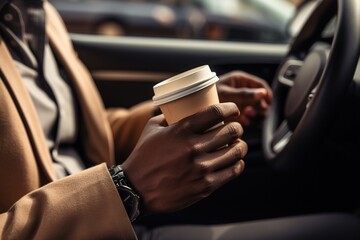 Close-up of African American man's hands holding steering wheel and cardboard cup of coffee in car - Powered by Adobe