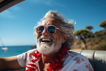 Happy gray-haired and bearded elderly man with flower necklace smiling in a cabriolet car driving along the seashore on a clear day