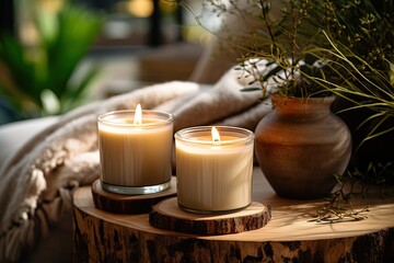 Obraz na płótnie Canvas Scented candles and a brown jar surrounded by green plant leaves and a blanket on a wooden stump