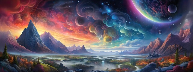 fantastical planet with swirling clouds and colorful