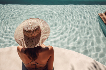 Fototapeta na wymiar beautiful woman sunbathing by the pool, only see the back