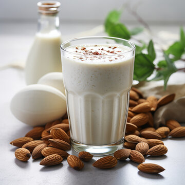 Dairy free vegan milk concept with glass of milk surrounded with almond and cashew nuts and soy beans