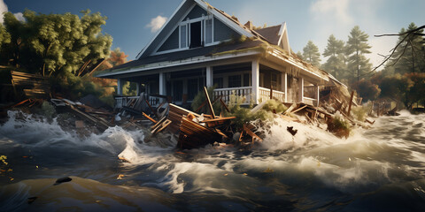 destruction of a house due to flood, flood and natural disaster - obrazy, fototapety, plakaty
