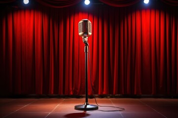 Empty stand up comedy stage with microphone and red curtains - Powered by Adobe