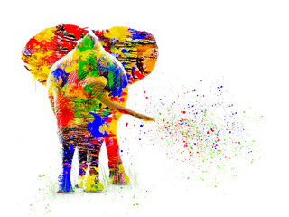 Colorful elephant illustration, with tail spraying coloured paint dots, isolated against a white background.