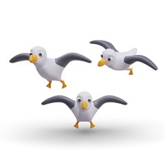 Vector realistic seagull in flight. Ocean bird with spread wings. Set of vector objects at different angles. Sea birdwatching. Isolated 3D creatures on white background