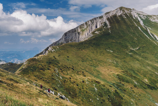 Small People Hiking on Trail High in Mountains