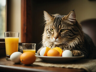 A cat with orange juice next to it