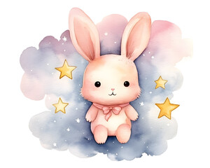 Cute cartoon pink rabbit sitting on soft clouds watercolor illustration isolated on white background