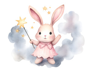 Obraz premium Cute cartoon pink rabbit sitting on soft clouds watercolor illustration isolated on white background