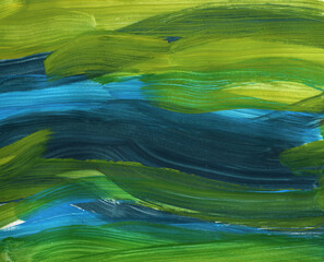 Hand-drawn artful fashion background. Modern painting of the water landscape with gouache and acrylic. Fashionable design decoration