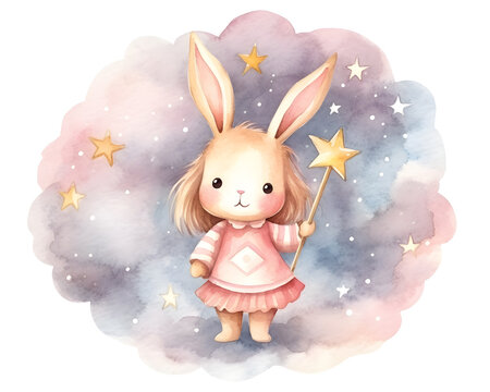 Cute cartoon pink rabbit sitting on soft clouds watercolor illustration isolated on white background