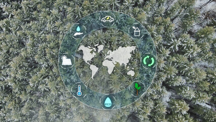 Aerial top down winter landscape pine tree woodland forest covered in white snow, Environmental technology concept. Sustainable development goals