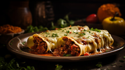 delicious Italian cannelloni pasta with bolognese.   modern food photography in rustic style . in detail
