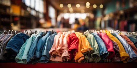 Fotobehang Collection of colorful t-shirts on a clothes rack for sale in store. Second hand resale store © Katrin_Primak