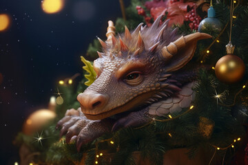 A beautiful Christmas fairy dragon lies near a Christmas tree. Illustration with the symbol of the year, 2024, fabulous magic dragon with thorns and horns. Greeting card for text and greetings