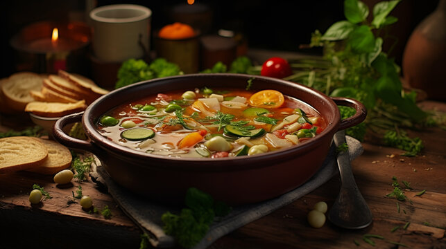 delicious Italian minestrone soup . modern food photography in rustic style . in detail