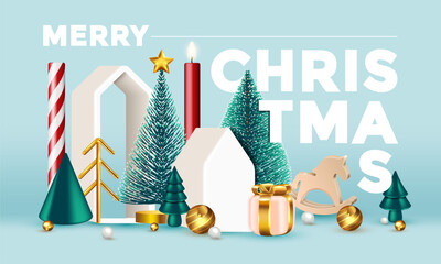 Christmas festive winter 3d composition. Realistic stage, podium, Xmas studio. Minimal abstract new year background. Modern Creative holiday template. Banner and poster. Vector illustration