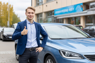 Young guy successfully passed his driver's license test or bought his first car