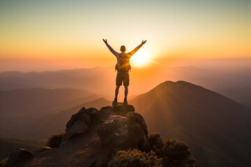 triumphant moment of mstanding at summit of mountain, with setting sun casting warm glow, vast expanse below, and sense of accomplishment and connection to natural world - Powered by Adobe