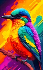 The image is a vibrant and colorful representation of a bird with a blue head and a green body, set against an abstract background.
