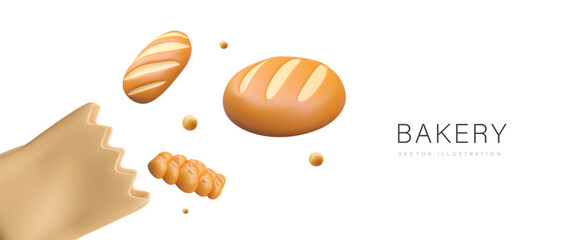 Placard with package with jagged edges, bread on gray background with place for text. Freshly baked bread. Vector illustration, bakery products in 3D style