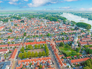 Aerial from the traditional town Schoonhoven at the river Lek in the Netherlands