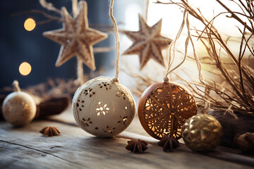 Handcrafted festive ornaments with intricate designs, hanging against a warm, glowing light; holiday vibes