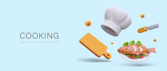 Composition with knife, plate with tasty fish, food cutting board, and chef hat. Vector illustration in 3D style with blue background and place for text and blue background