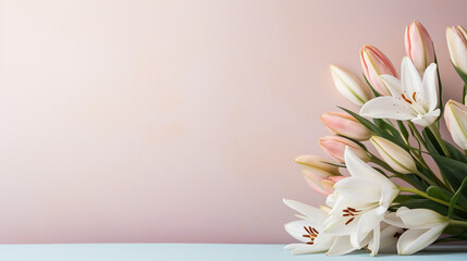 Easter lillies and colorful decorated easter eggs on a light pastel background. AI generative