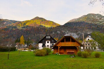 Buildings in Gozd Martuljek village in Gorenjska, Slovenia and forest covered Karavanke mountains