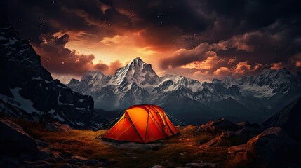 Glowing orange tent in the mountains under dramatic