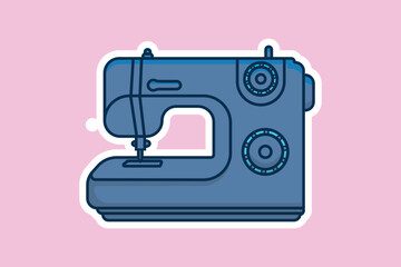 Modern Sewing Machine for Fabrics Sticker vector illustration. Equipment for creating clothes icon concept. Fashion industry and handmade sewing machine sticker design logo.