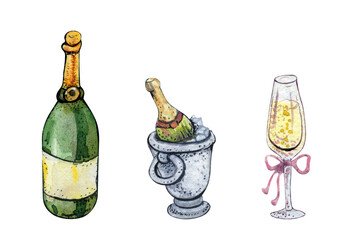 Champagne. Champagne Bottle. Champagne Glass. Watercolor Champagne	