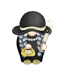 Champagne Gnome. Champagne Bottle. Champagne Glass. Watercolor Champagne Watercolor Gnome	