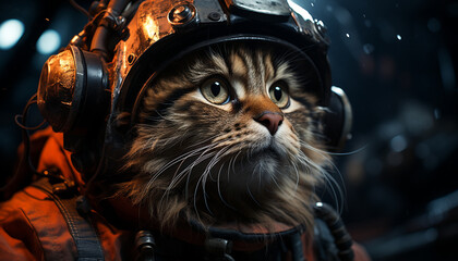 Cute kitten looking at camera with engineer wearing work helmet generated by AI