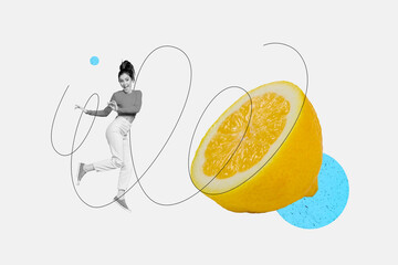 Creative artwork template collage of excited energetic positive female dance lemon fruit half freak bizarre unusual fantasy billboard