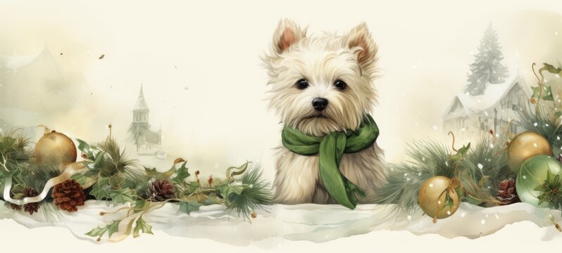 Merry Christmas childrens book illustration small dog. Christmas theme Illustration. For banners, posters, gift cads, books. AI generated.