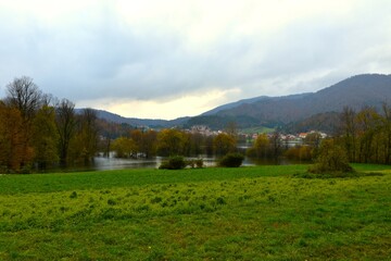 View of Planina village and flooded Planinsko polje in Notranjska, Slovenia