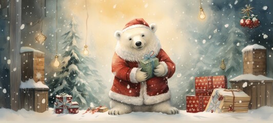 Merry Christmas childrens book illustration Santa polar bear. Christmas theme Illustration. For banners, posters, gift cads, advertising. AI generated.